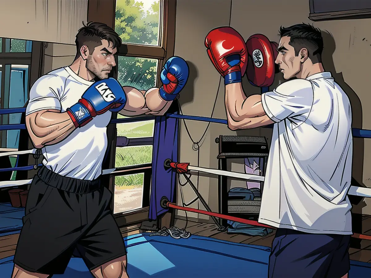 He gives his all for the Fame Fighting Challenger: Mischa (l.) with his trainer in the boxing ring