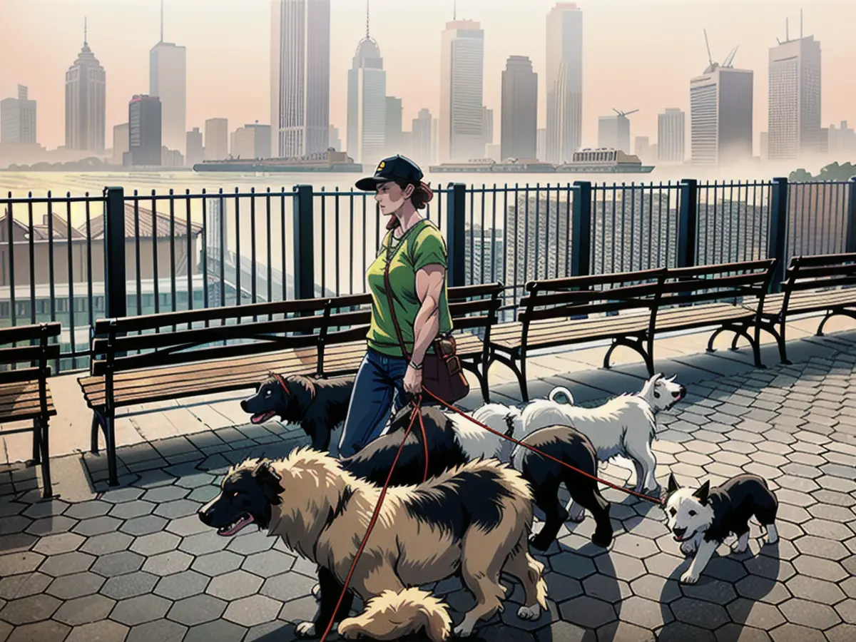 Eine Person geht mit Hunden an der Brooklyn-Promenade spazieren, während die Skyline von Manhattan in Dunst und Rauch gehüllt ist, der von Waldbränden in Kanada nach Süden gezogen ist, in New York City, New York, USA, 7. Juni 2023. REUTERS/Troy Dunkley