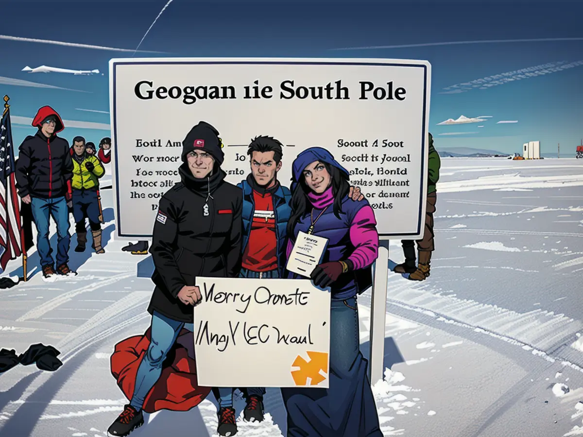 Keri Nelson und Freunde stehen an der geografischen Südpolmarkierung der Amundsen-Scott-Südpolstation.
