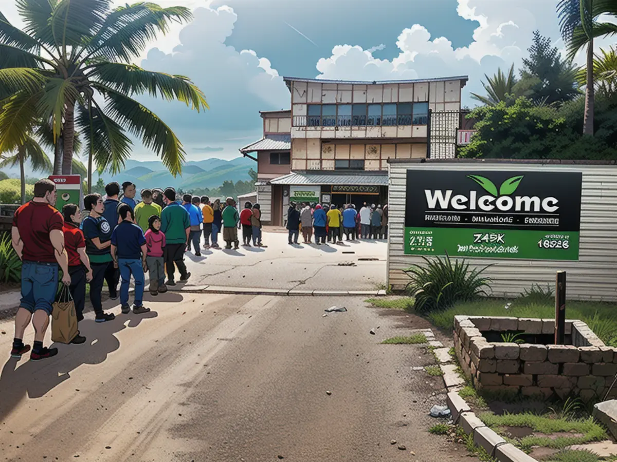 In Neukaledonien stehen die Menschen vor einem Laden an, um sich mit Lebensmitteln zu versorgen. Während der Unruhen auf dem französischen Territorium wurden größere Supermärkte in der Nähe niedergebrannt und geplündert.