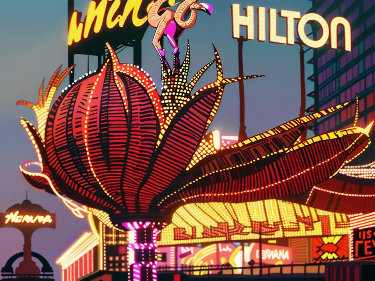 The current Flamingo sign, known as the “bull nose,” was designed by Paul Rodriguez and built and installed by Heath & Company in 1977. It now functions as the casino resort’s main sign. Its predecessor, the plume sign, can be seen in the background. It would stand until 1987.