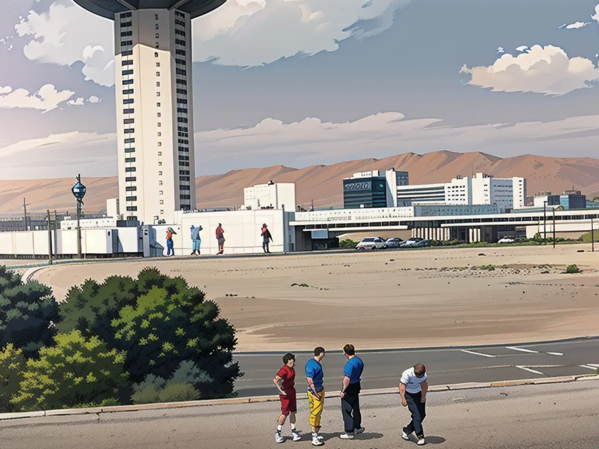 The site where a stolen plane crashed into the roof of the Las Vegas Convention Center (foreground), killing pilot Everett Wayne Shaw. The plane had clipped the ‘L’ sign atop the Landmark Hotel (background) and spun out of control.