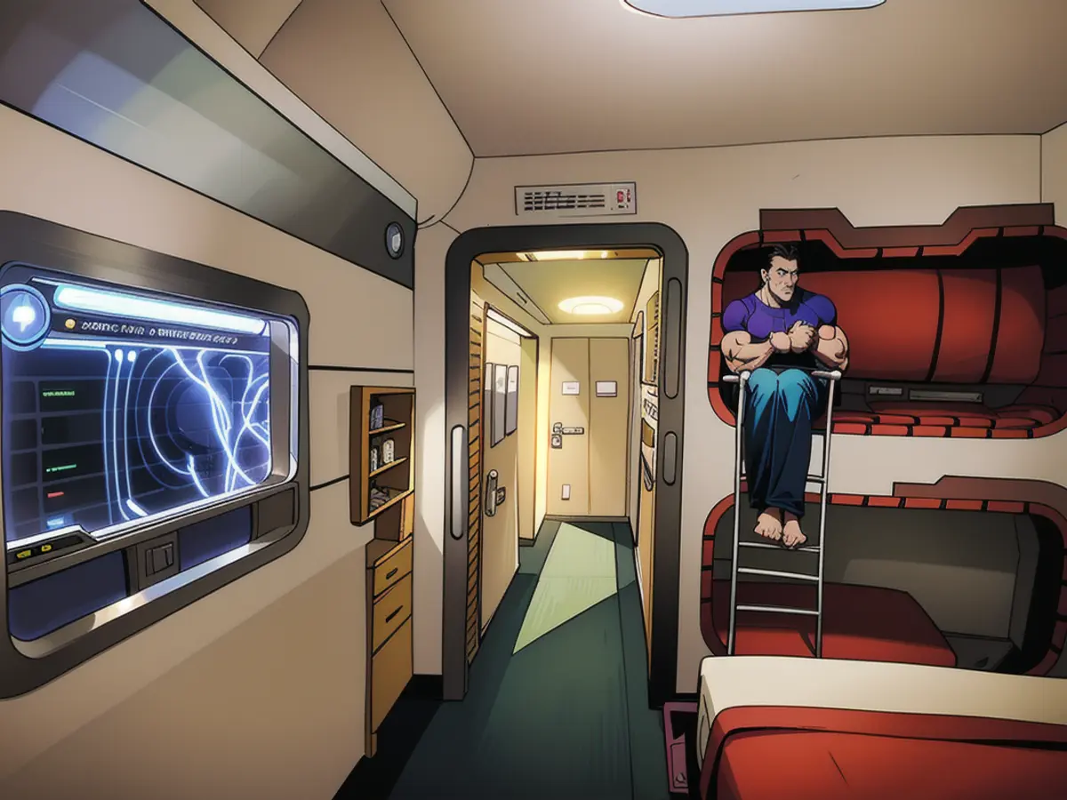 A room inside the hotel, featuring futuristic bunk beds.