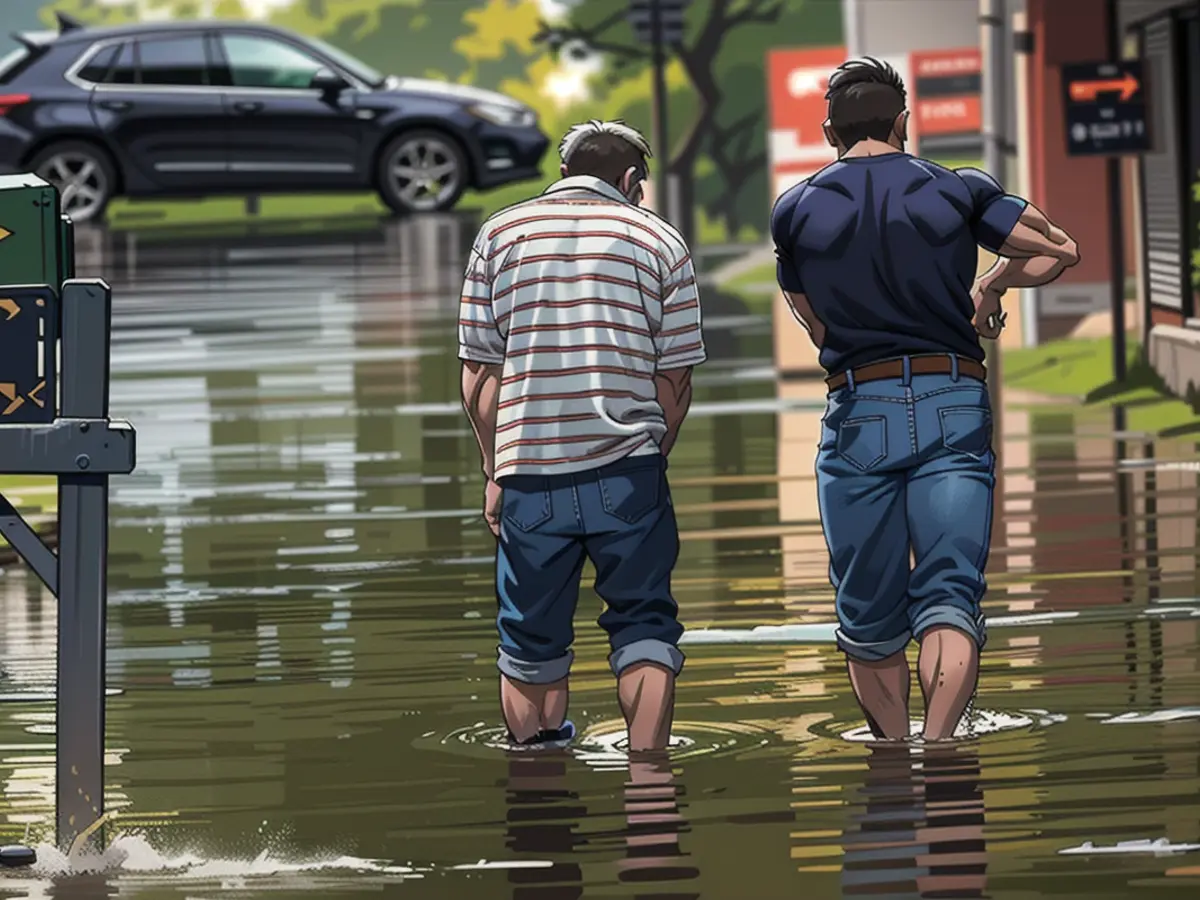 Menschen waten durch das Hochwasser in Houston, Texas, am 9. Mai 2024.