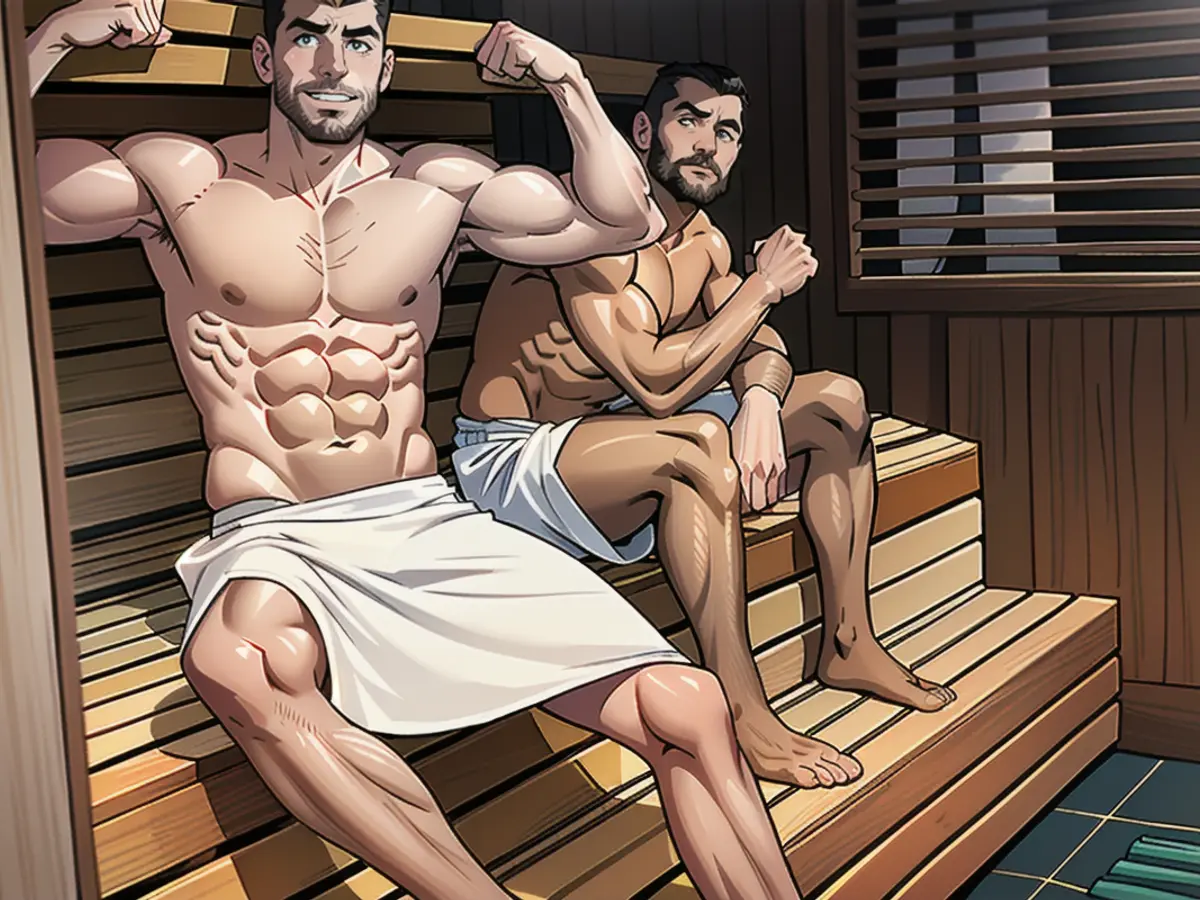 Their pounds tumble here: Nicolas (l.) and Jakub in the sauna on Wednesday evening