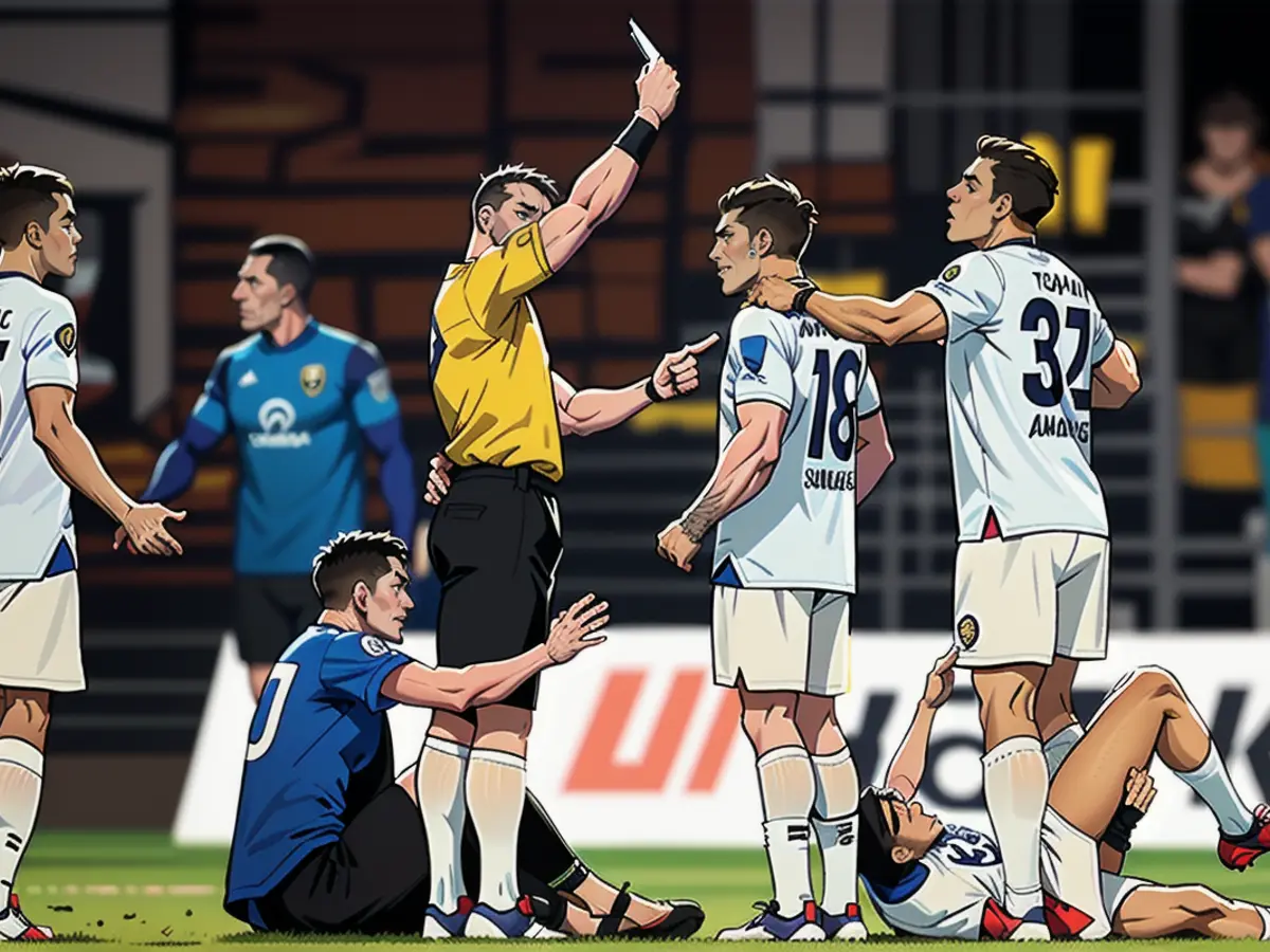 Gianluca Scamacca (au centre) arbitre la finale de l'Euro League de Leverkusen (0:3 contre...