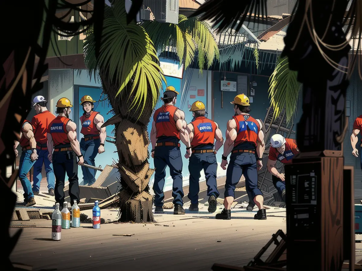 Mitglieder des Rettungsdienstes arbeiten nach dem Einsturz des zweistöckigen Restaurants an der Baustelle.