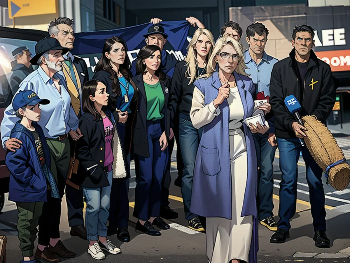 Saffrine Duggan (center) speaks to media prior to her husband's extradition hearing at Downing Centre Local Court, in Sydney, May 24, 2024.