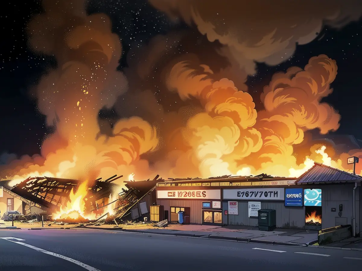Les flammes s'échappent du bâtiment, le toit s'est effondré. Un supermarché brûle dans les...