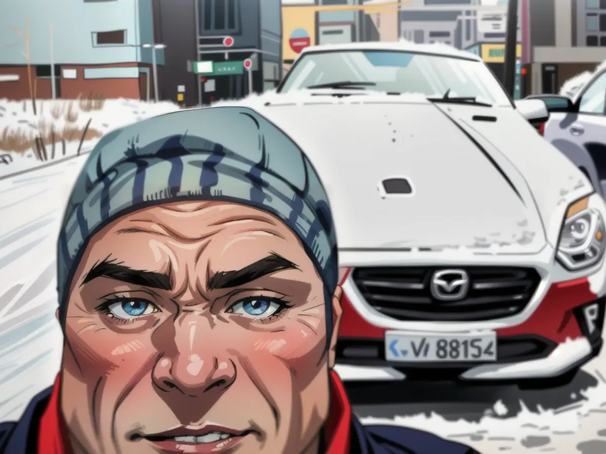 The pensioner took this selfie of himself and his beloved Mazda after snowfall