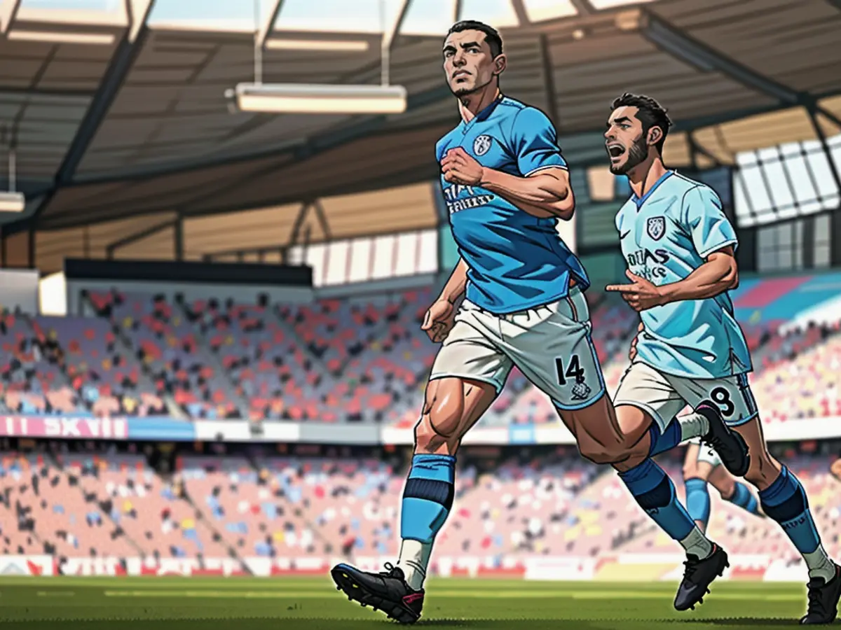 Phil Foden (à gauche) et Bernardo Silva (à droite) célèbrent la victoire 2-0 de Manchester City...