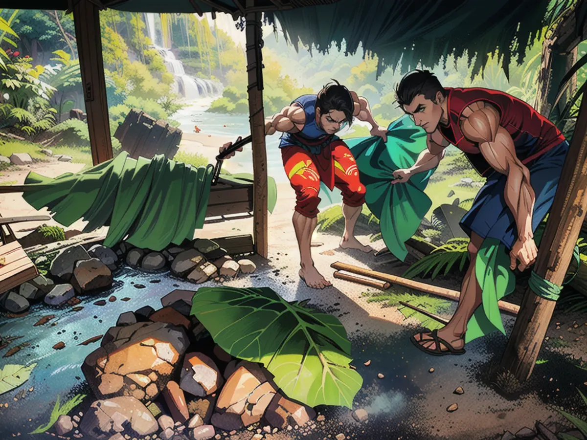 Men cover the umu, Samoa's version of the barbecue, with leaves.
