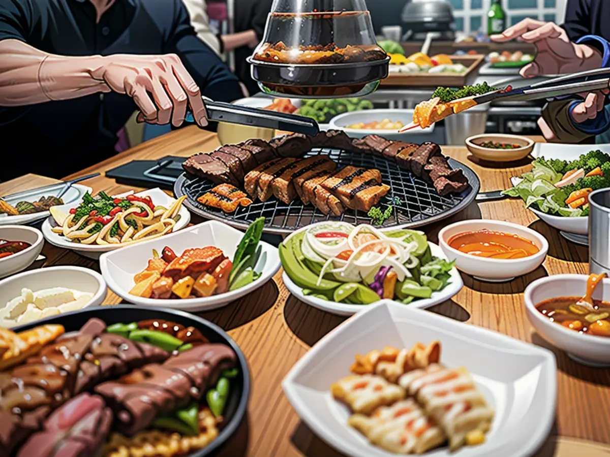 Korean BBQ usually features a grill that's surrounded by an assortment of banchan (side dishes).