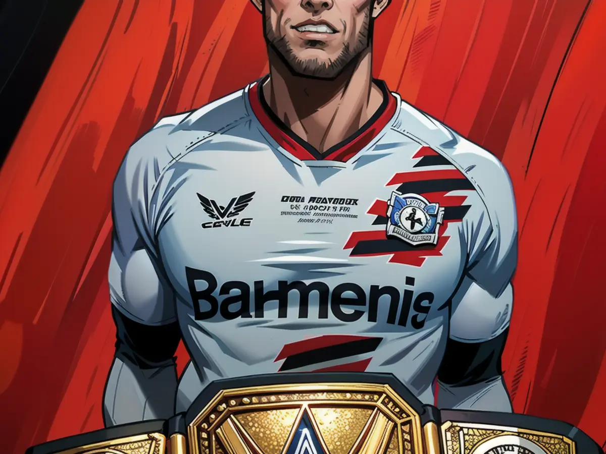 Robert Andrich, joueur de l'équipe nationale de Leverkusen, avec la ceinture de champion de la WWE