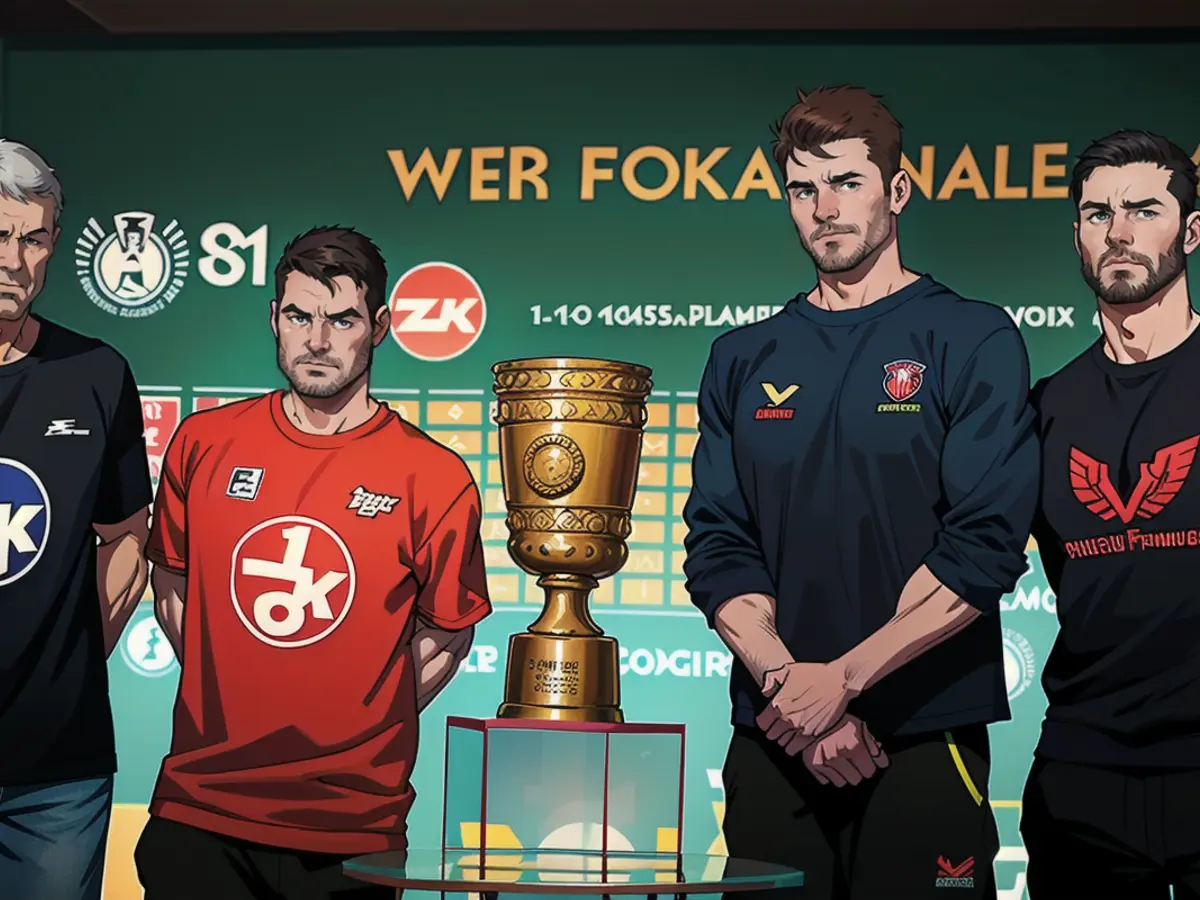 Group photo with trophy: Lautern coach Friedhelm Funkel (from left) with his captain Jean Zimmer, Bayer goalkeeper Lukas Hradecky and coach Xabi Alonso