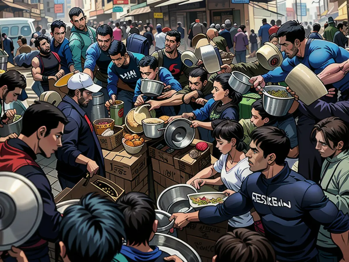 Palestinians line up for a meal in Rafah.