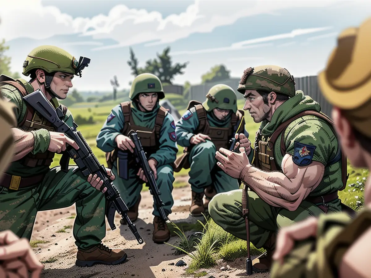 Ukrainian soldiers listen to instructions during training at an undetermined location in Donetsk Oblast, Ukraine on May 18, 2024.