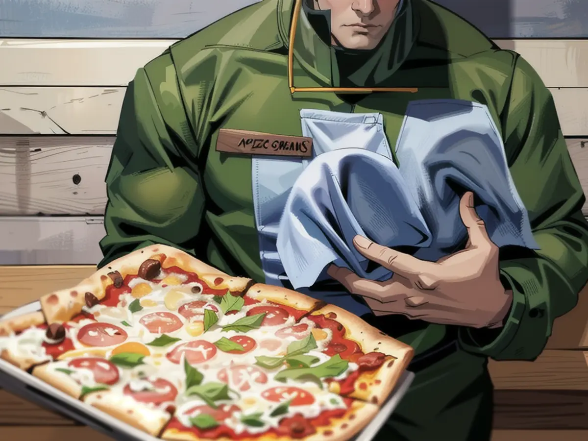 A military man with Darja's pizza in his hand.