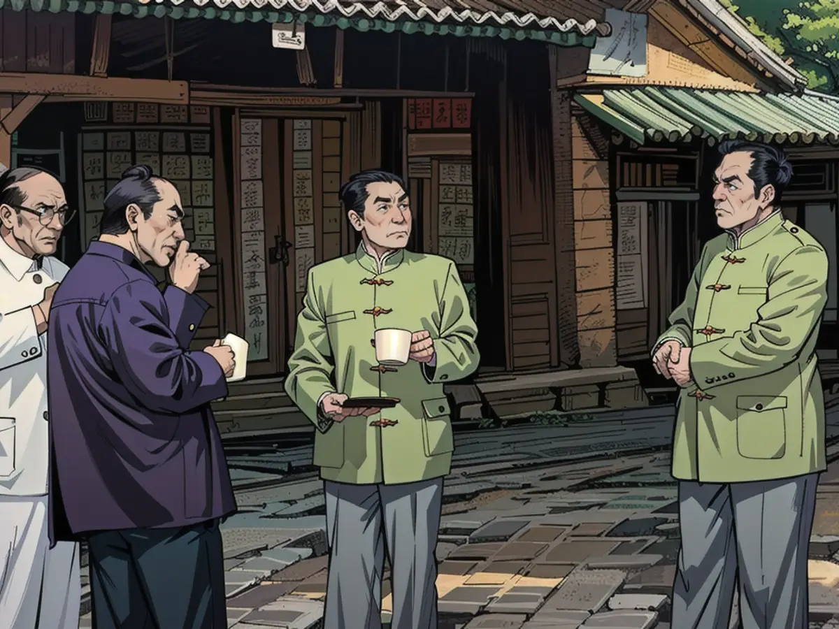 Mao Zedong, Zhou Enlai, Chen Yi and Zhang Wentian pictured in Zhongnanhai.