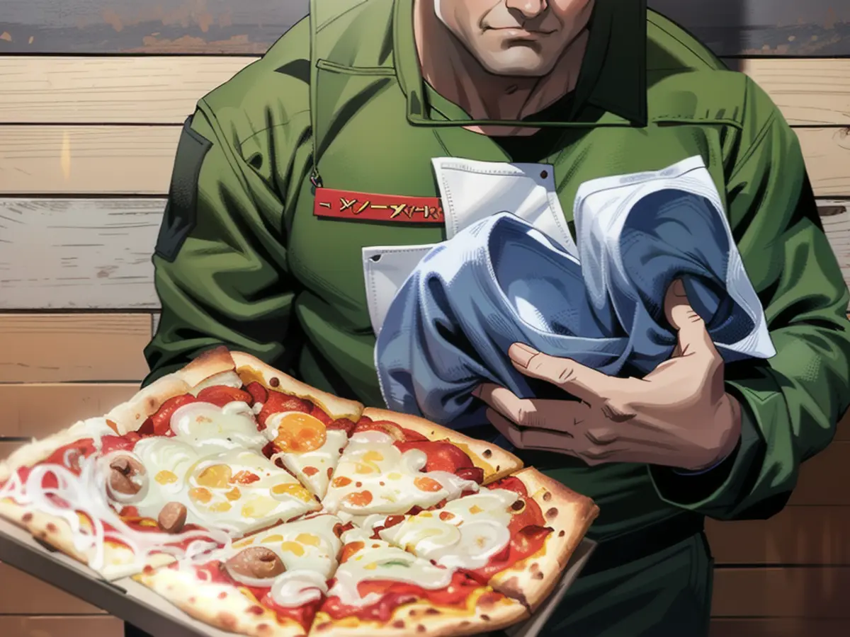 A military man with Darja's pizza in his hand.