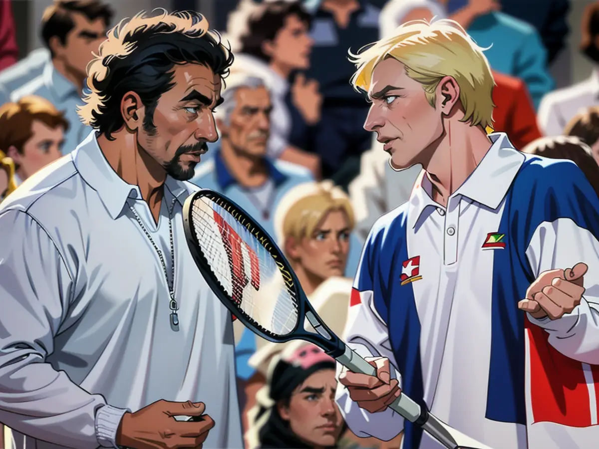Ion Tiriac (l.) with Boris Becker during the Davis Cup on August 4, 1985
