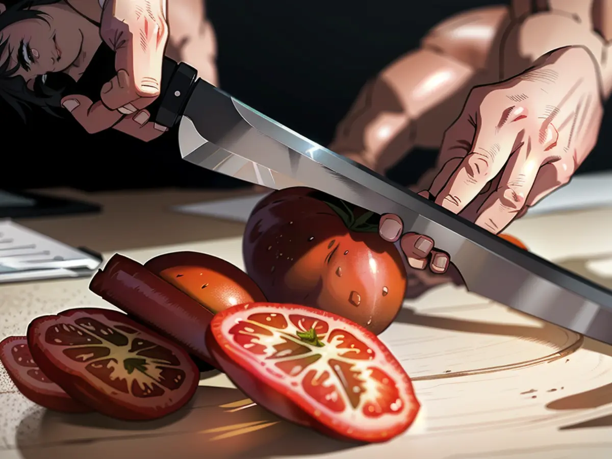 Er schneidet alles selbst – auch die Tomaten. Das Messer führt er dabei haarscharf an den Fingerkuppen vorbei