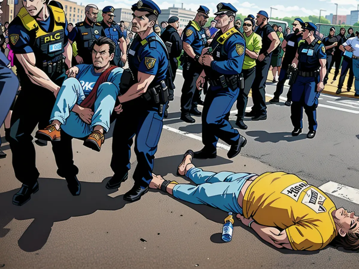 Während Beamte einen Klima-Radikalen von der Straße tragen, liegt ein Mann noch auf dem Boden. Er wurde kurz zuvor von einem Polizisten angeblafft