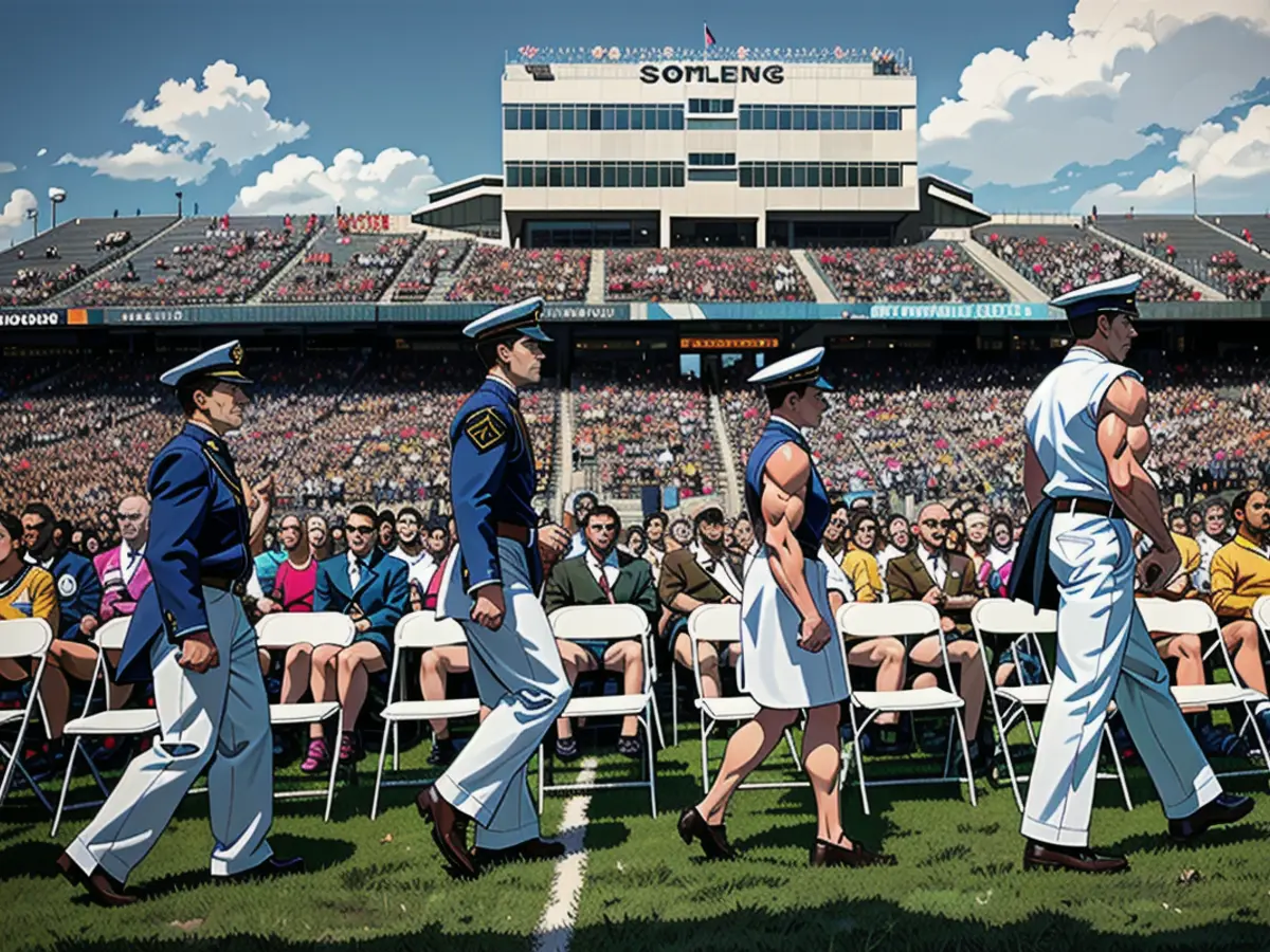 US Military Academy cadets walk to receive their diplomas after President Joe Biden delivered the commencement address at the 2024 graduation ceremony in West Point, New York, on May 25, 2024.