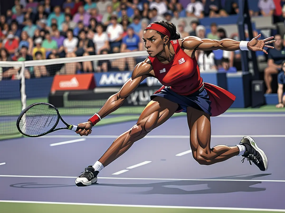 Coco Gauff, with her New Balance outfit on display, at the US Open women's singles final in 2023. She went on to beat Aryna Sabalenka in a three-set thriller.