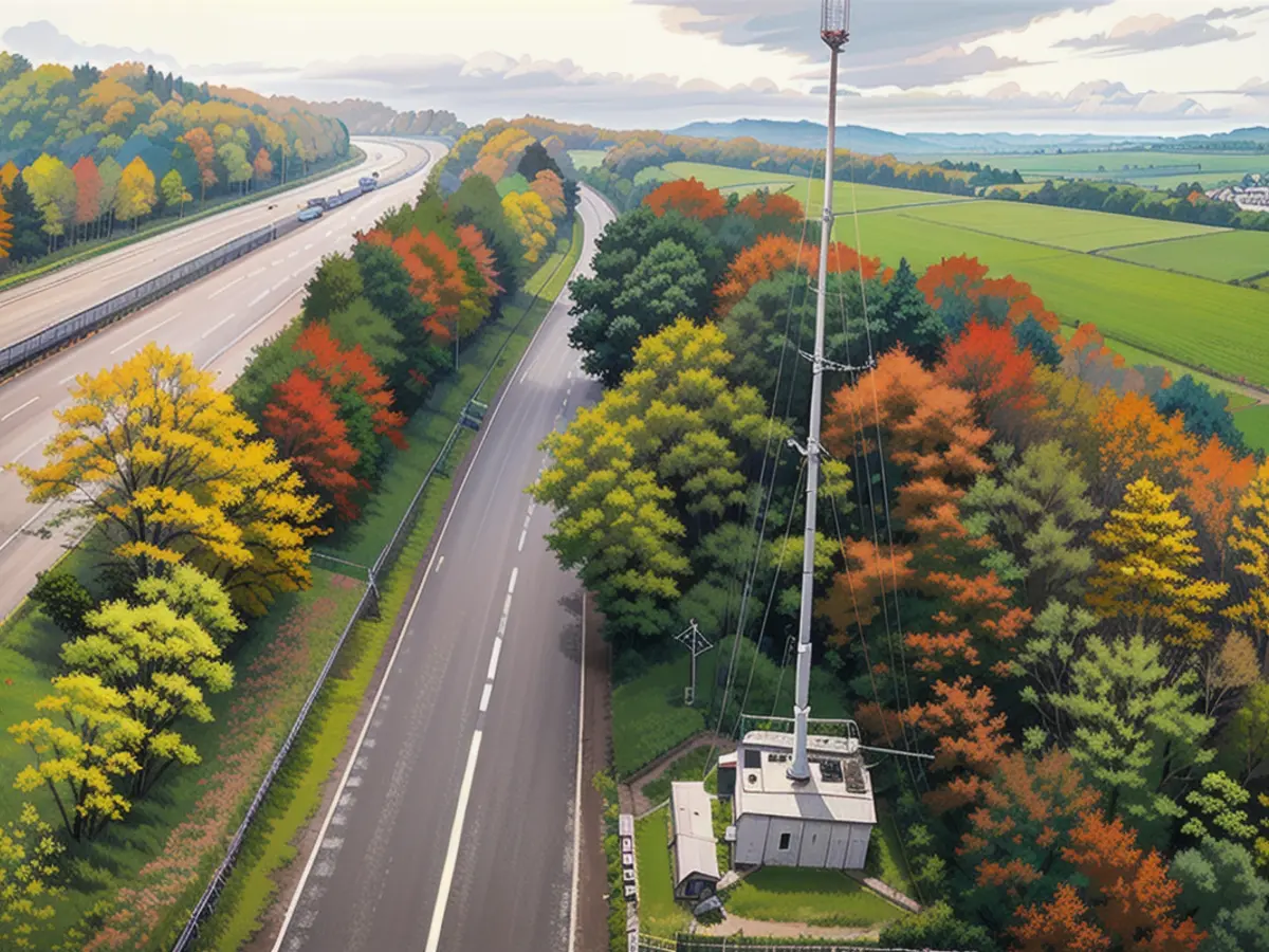 Ein Mobilfunkmast der Telekom an der A1 bei Thalexweiler (Saarland), keine 40 Meter von der Fahrbahn entfernt
