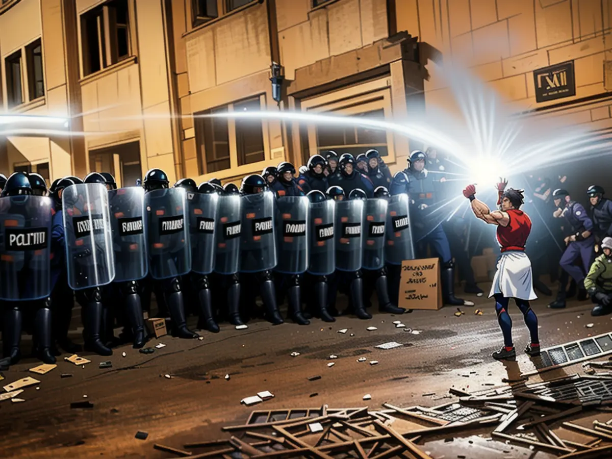 Sopo Japaridze versucht, die Bereitschaftspolizei während eines Protests in der Nähe des Parlamentsgebäudes in Tiflis aufzuhalten