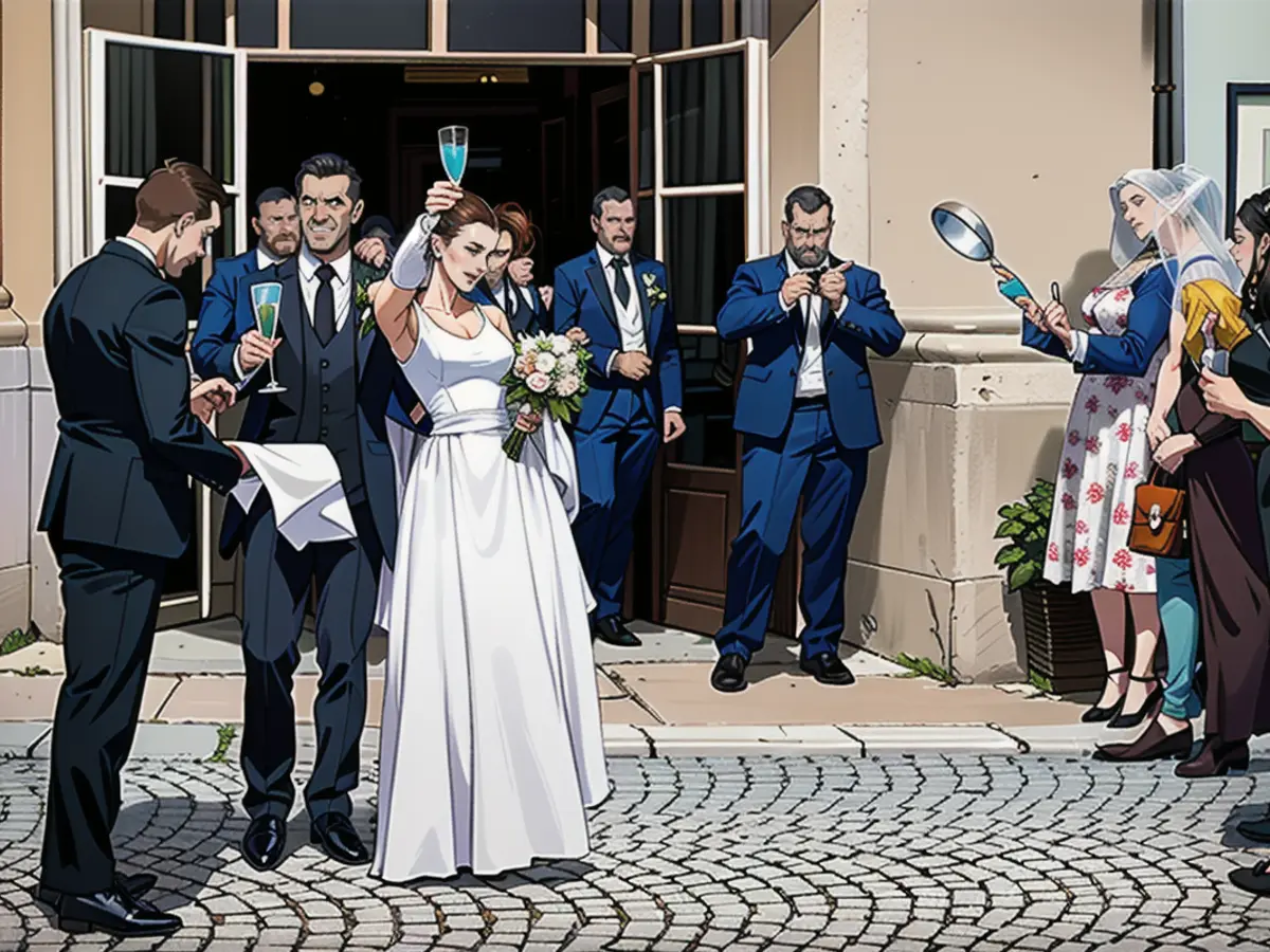 Auf die Liebe! Nach dem Auszug aus der Kirche in Salzburg feierte das Brautpaar mit seinen 250 Gästen auf dem Vorplatz mit kühlen Getränken