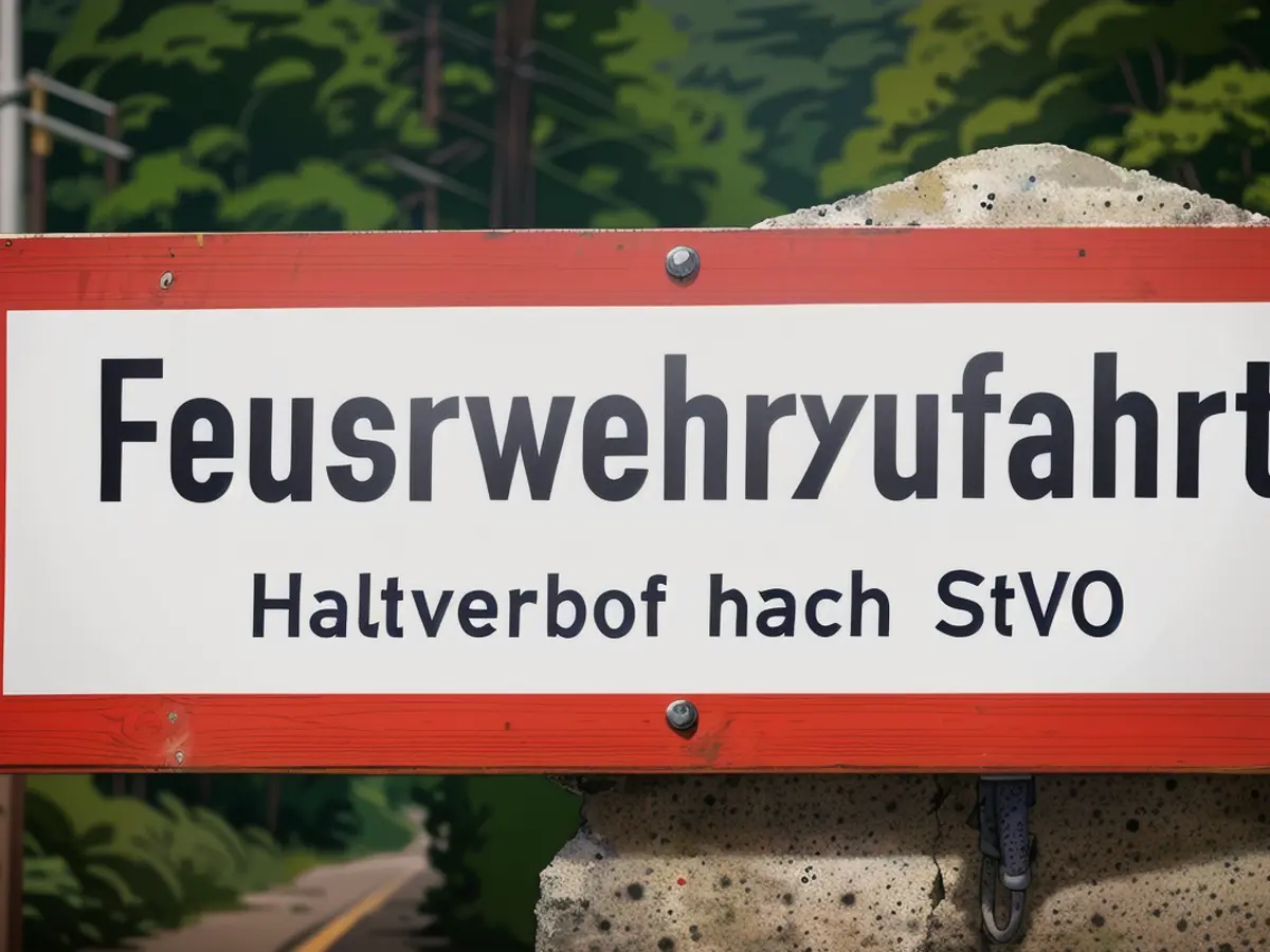Un panneau portant l'inscription "Feuerwehrzufahrt" (accès pompiers) est situé sur une voie...