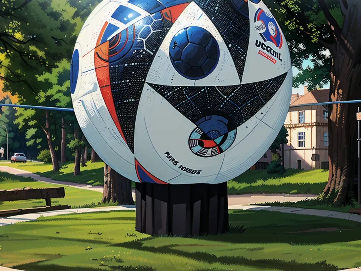 Un ballon de football surdimensionné portant le logo de l'UEFA est installé au centre de...