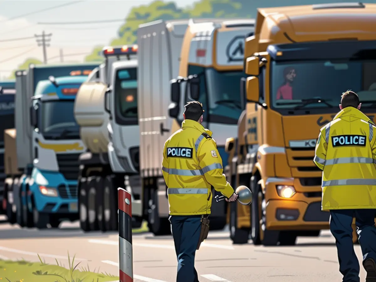 Des officiers de police se tiennent juste avant la sortie du parking sur l'autoroute et font signe...