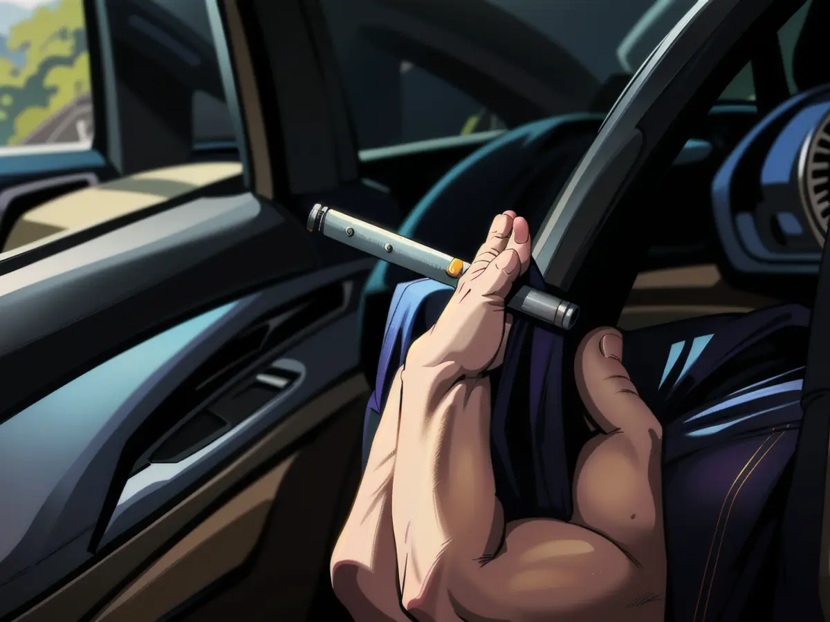 Un homme est assis au volant d'une voiture, un joint entre les doigts.