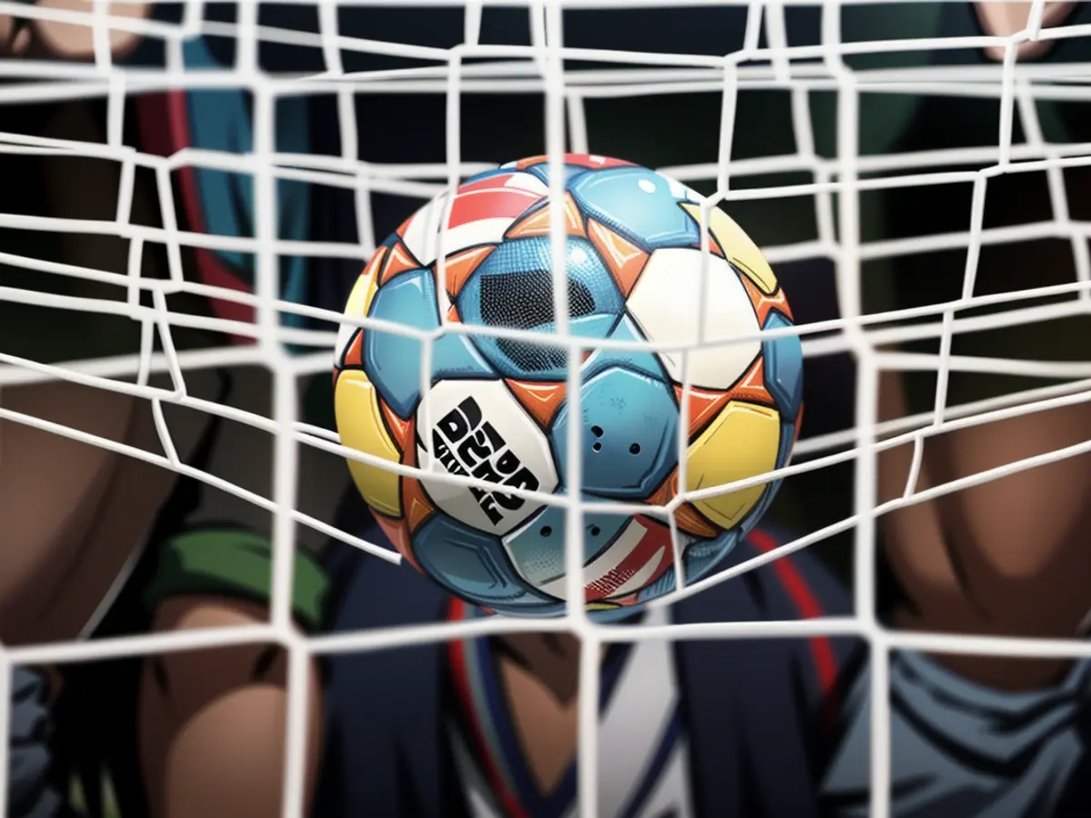 Un ballon de football se trouve dans le filet avant le match.
