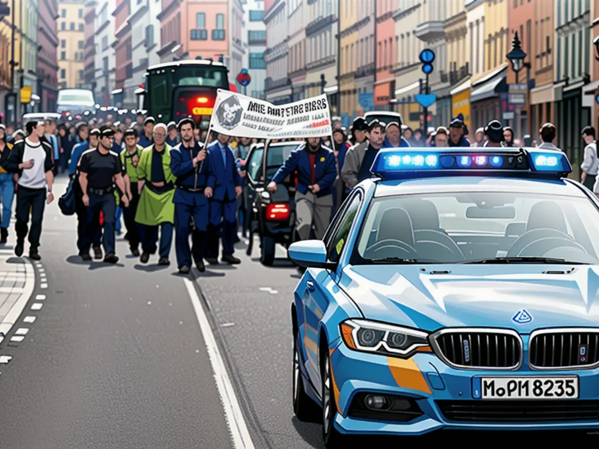 Une voiture de police traverse la Maximilianstraße devant les participants à la manifestation...