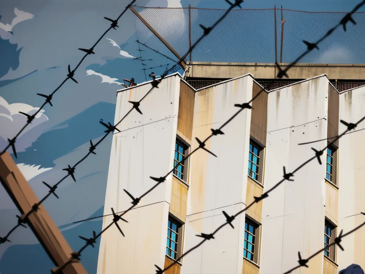 Une clôture de fils barbelés entoure le terrain d'une prison.