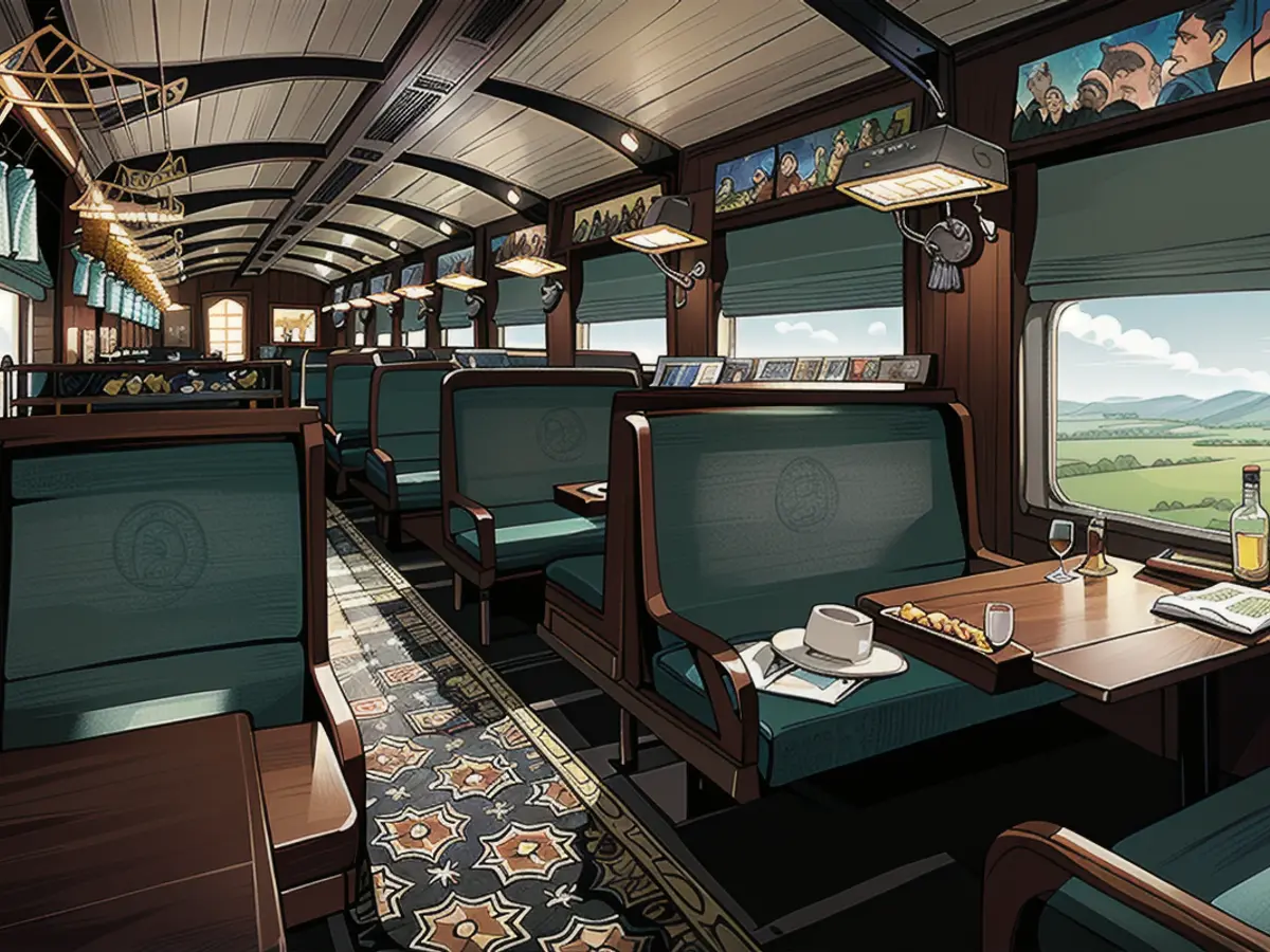 A rendering shows the interior of a dining car in the Revolution Express, furnished to reflect the train's French colonial history.