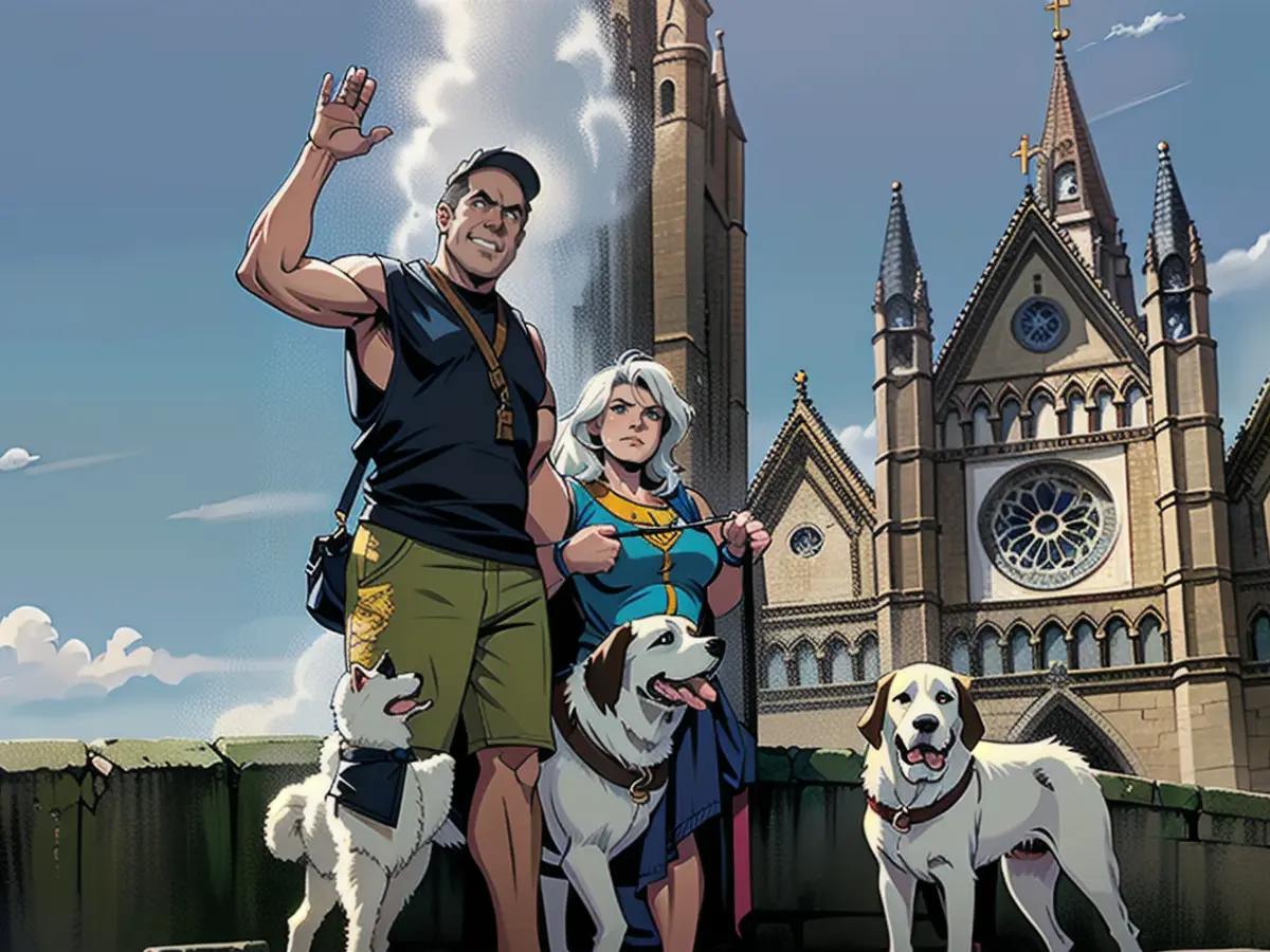 Bill and Jacki Dahl are pictured with dogs Reno and Rocky at Templo Expiatorio in Guadalajara, Mexico.