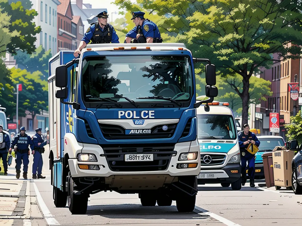 Polizisten der Spezialeinheit vom sogenannten Technischen Zug sitzen auf dem Dach des Einsatzfahrzeuges