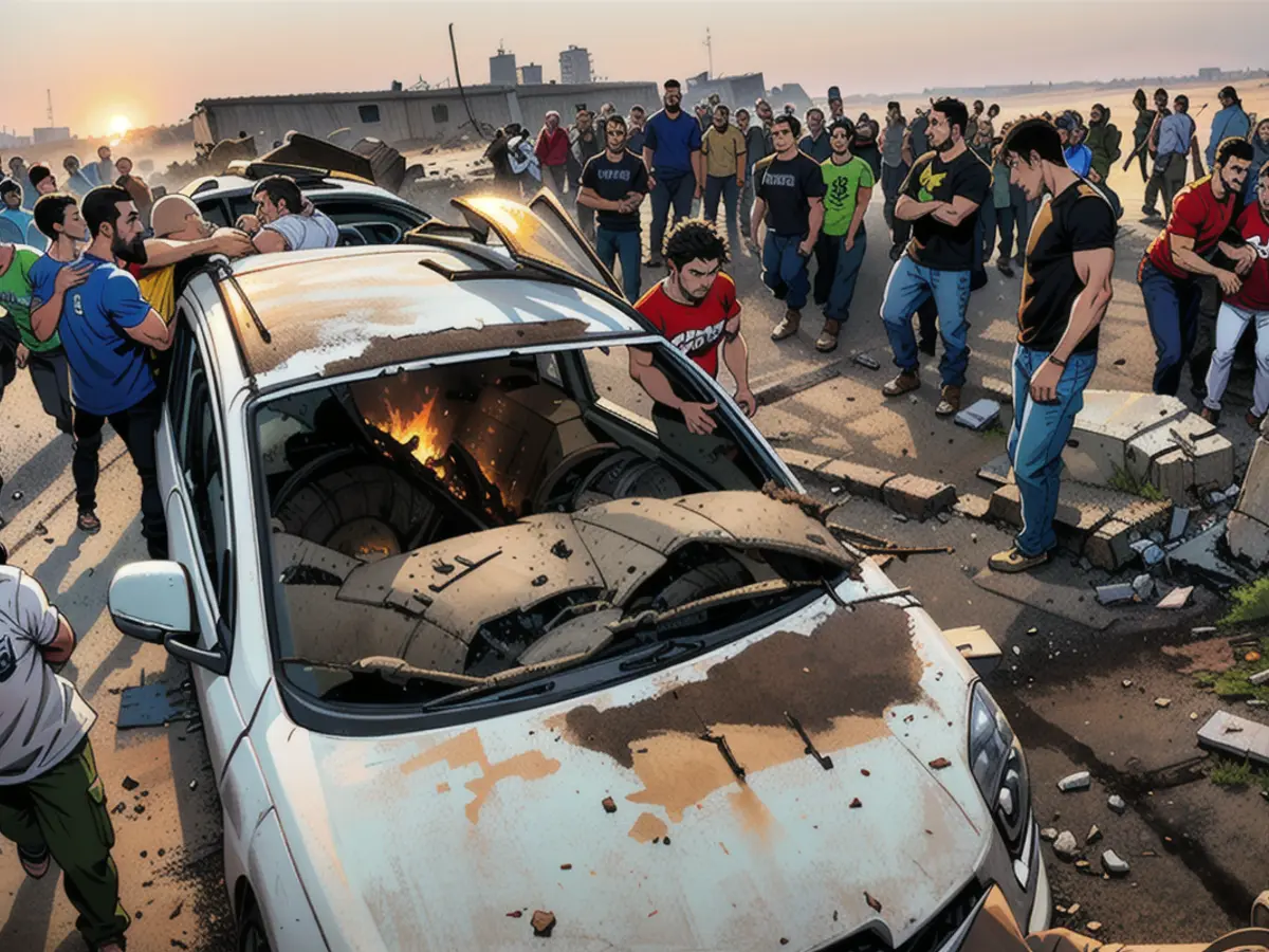 Palestinians gather around a burnt car after an Israeli airstrike on a camp in the southernmost city of Rafah, the Gaza Strip on Monday.