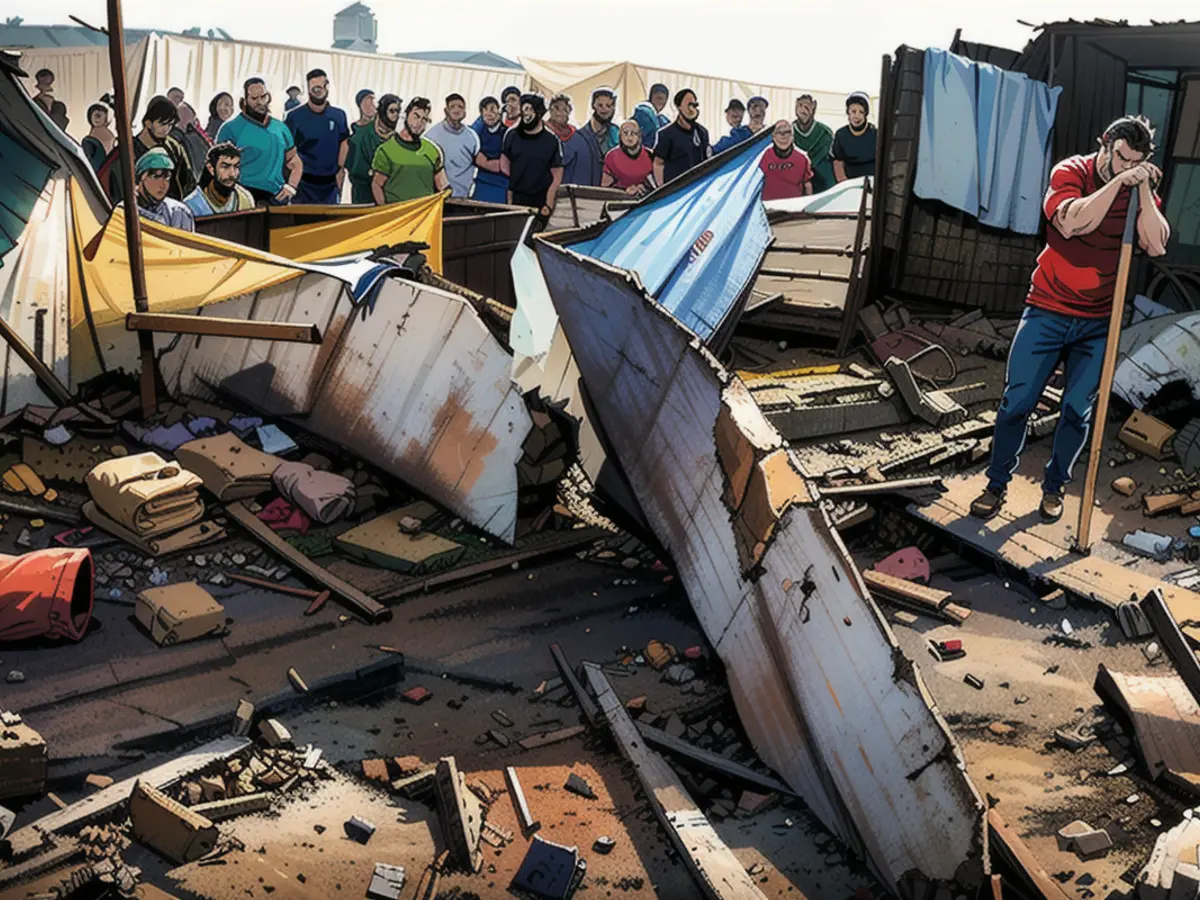 Palästinenser stehen vor den am Sonntagabend niedergebrannten Zelten in Rafah