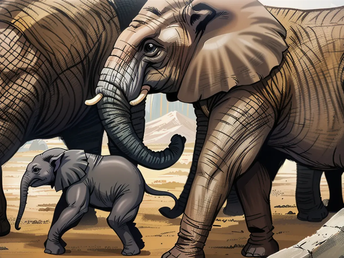 Das Elefantenkalb läuft zwischen den Beinen der anderen Dickhäutern der Herde herum