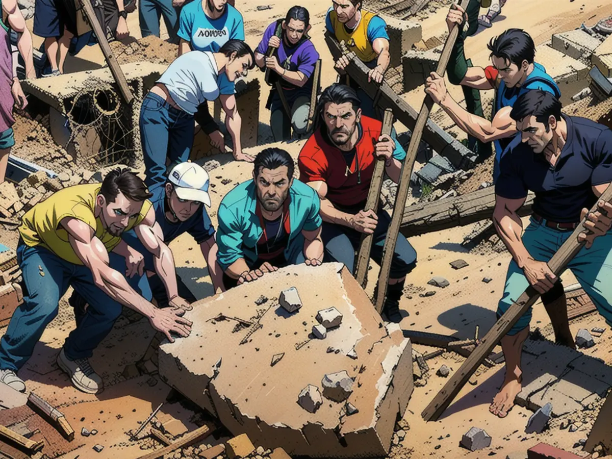 Villagers sifted through rubble while awaiting rescue crews to arrive.