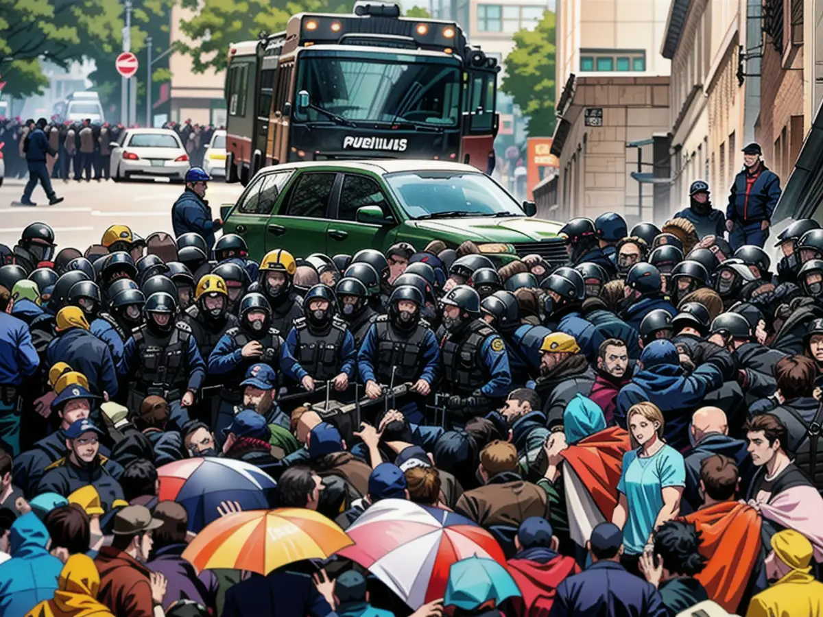 Protesters stare down riot police outside the Georgian Parliament.