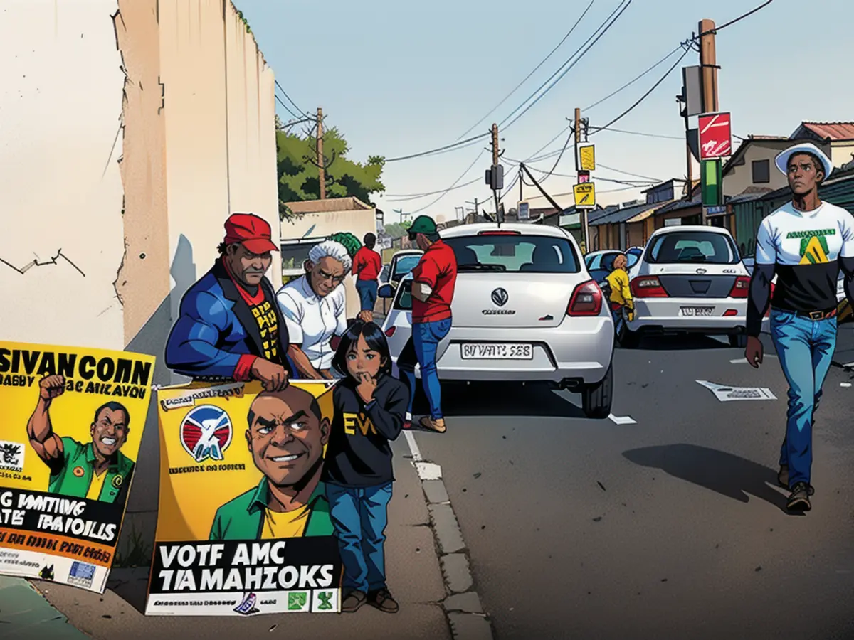 Workers for political parties including the African National Congress (ANC) and Economic Freedom Fighters (EFF) stand next to a voting station on May 27 in Alexandra Township, South Africa.