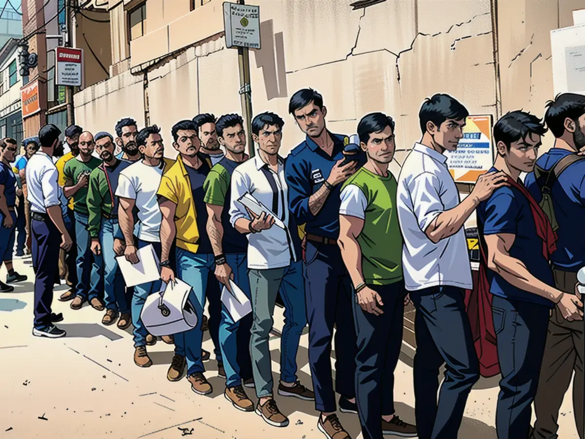 Applicants standing in queue for an Indian Army job exam in Pataliputra, India, on April 23, 2024.