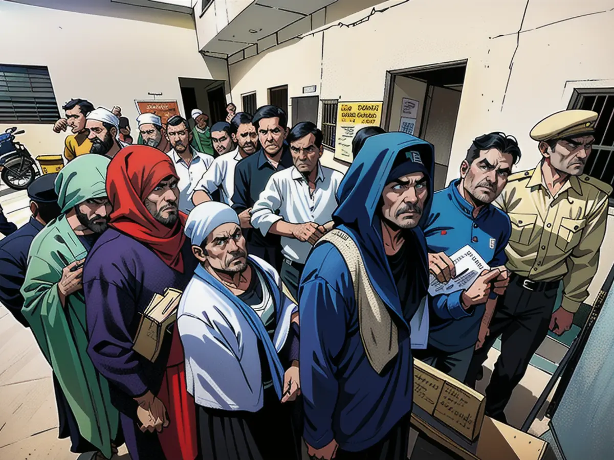 Voters queue at a polling station during the first phase of voting for national elections in Muzaffarnagar district, Uttar Pradesh, India, on Friday, April 19, 2024.